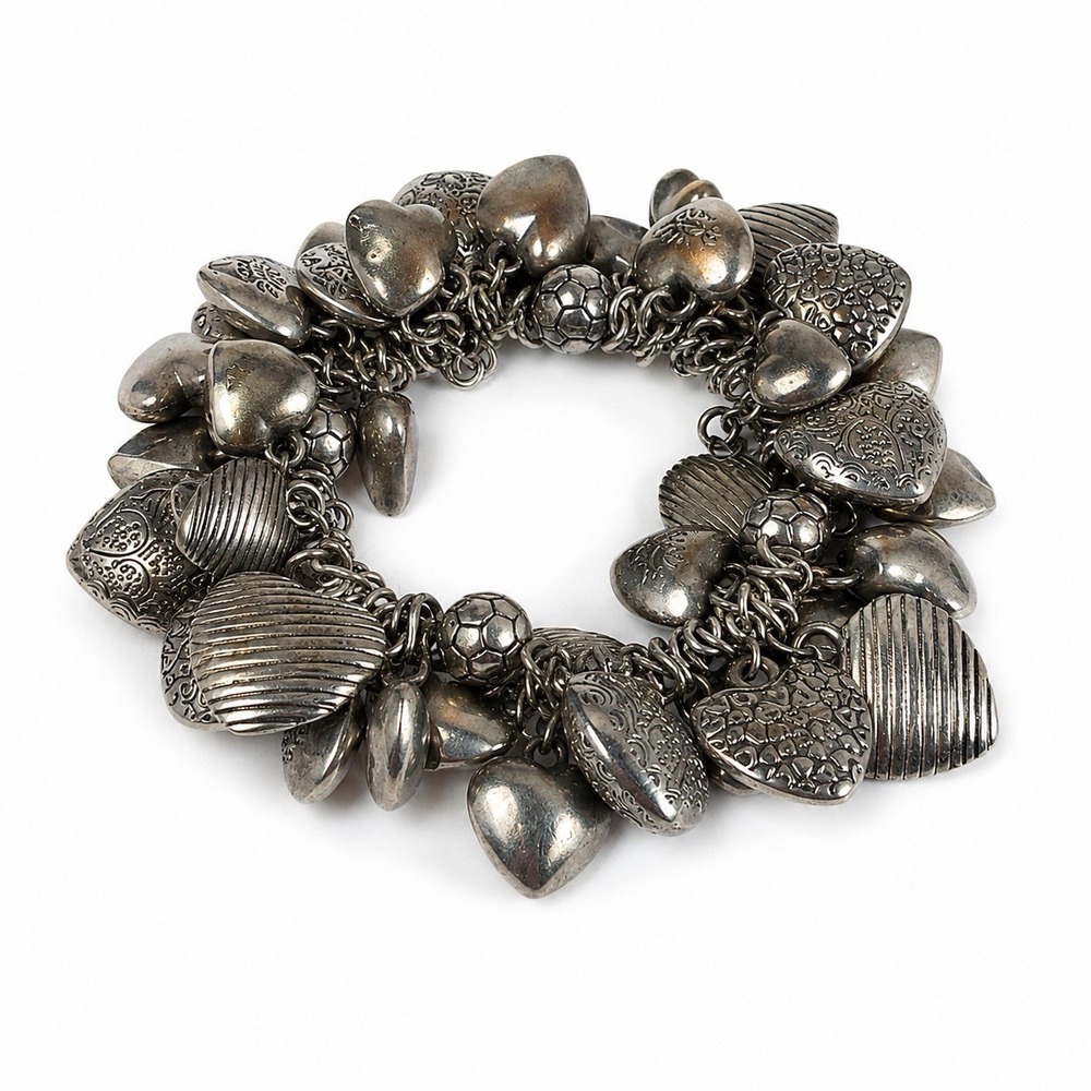Vtg Silver Tone Heart Charm Stretch Bracelet Multi Heart Dangle Textured Chunky